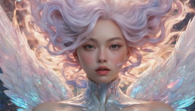 1girl,solo,long hair,looking at viewer,bare shoulders,white hair,parted lips,wings,artist name,blurry,lips,grey eyes,floating hair,blurry background,watermark,wavy hair,portrait,feathered wings,freckles,angel wings,realistic,nose,white wings,angel,straight-on,brown eyes,close-up