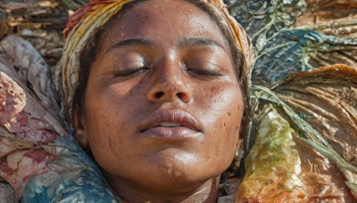 solo,brown hair,black hair,1boy,closed mouth,closed eyes,male focus,outdoors,lying,parted lips,dark skin,on back,water,blurry,lips,wet,blurry background,sleeping,portrait,facing viewer,freckles,realistic,nose,dirty,dirty face,1girl,teeth,close-up