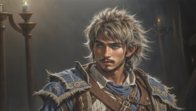 solo,short hair,bangs,blue eyes,blonde hair,brown hair,shirt,1boy,white shirt,upper body,male focus,parted lips,collared shirt,armor,lips,facial hair,shoulder armor,messy hair,portrait,beard,pauldrons,realistic,nose,mustache,light,candle,manly,candlelight,looking at viewer,closed mouth,grey hair,pointy ears,scar