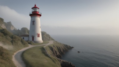 outdoors,sky,day,cloud,water,tree,no humans,ocean,grass,building,nature,scenery,rock,mountain,horizon,river,castle,tower,landscape,lake,fog,cliff,blue sky,cloudy sky,road,bush,path,lighthouse