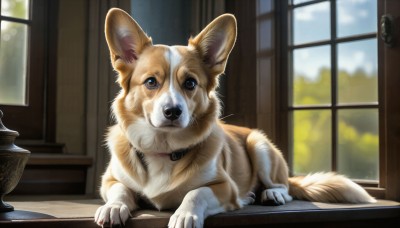 HQ,looking at viewer,blue eyes,day,indoors,blurry,collar,no humans,window,depth of field,blurry background,animal,table,dog,realistic,animal focus,solo,brown eyes,sky,door,animal collar