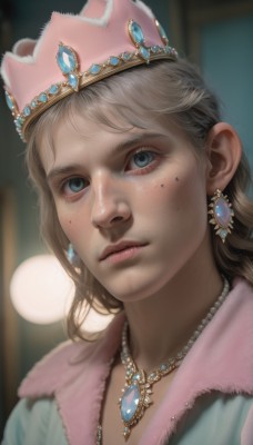 1girl,solo,long hair,looking at viewer,blue eyes,blonde hair,brown hair,dress,jewelry,closed mouth,earrings,necklace,mole,blurry,lips,mole under eye,blurry background,tiara,crown,gem,portrait,freckles,realistic,nose,princess,blush,bangs,mole on cheek