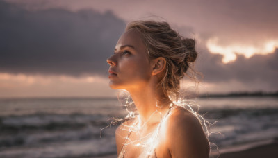 1girl, solo, blue eyes, brown hair, bare shoulders, upper body, outdoors, sky, cloud, hair bun, blurry, lips, depth of field, blurry background, single hair bun, looking up, realistic, nose, electricity, lightning