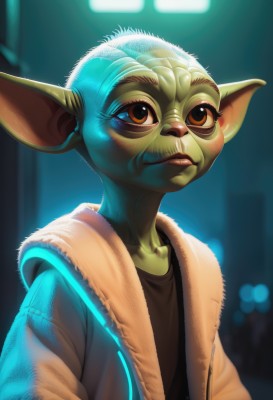 1girl,solo,shirt,1boy,brown eyes,closed mouth,jacket,upper body,male focus,open clothes,pointy ears,artist name,blurry,open jacket,lips,orange eyes,fur trim,black shirt,blurry background,colored skin,realistic,nose,green skin,alien,long pointy ears,goblin,looking at viewer,collarbone,signature,vest,bald,mohawk,neon lights