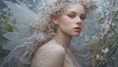 1girl,solo,long hair,looking at viewer,hair ornament,bare shoulders,upper body,flower,white hair,parted lips,wings,teeth,signature,hair flower,blurry,from side,tree,lips,grey eyes,blurry background,leaf,plant,white flower,portrait,nature,realistic,branch,fairy wings,fairy,blue eyes,blonde hair,dress,grey hair,outdoors,eyelashes,makeup,crown,nose,red lips