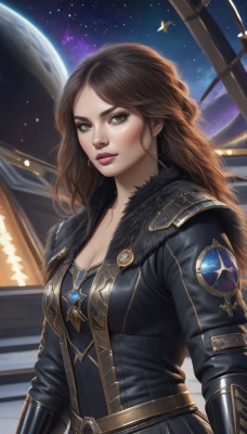 1girl,solo,long hair,breasts,looking at viewer,brown hair,long sleeves,cleavage,brown eyes,jewelry,medium breasts,closed mouth,upper body,earrings,sky,belt,armor,lips,fur trim,makeup,night,wavy hair,star (sky),starry sky,nose,space,planet,earth (planet),spacecraft,bangs,jacket,parted bangs,bodysuit,realistic,emblem