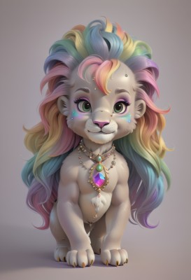 solo,long hair,looking at viewer,smile,blonde hair,simple background,jewelry,closed mouth,green eyes,blue hair,full body,pink hair,multicolored hair,green hair,grey background,necklace,no humans,gradient hair,makeup,:3,shadow,facial mark,piercing,gem,furry,eyeshadow,freckles,rainbow hair,artist name,two-tone hair,gradient,gradient background,eyelashes,watermark,wavy hair,web address,claws,green gemstone,elephant