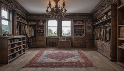 day,indoors,tree,book,no humans,window,chair,table,sunlight,bottle,plant,curtains,box,scenery,wooden floor,stairs,door,bookshelf,lamp,shelf,ceiling,carpet,candlestand,rug,cabinet,chandelier,fireplace,potted plant,drawer