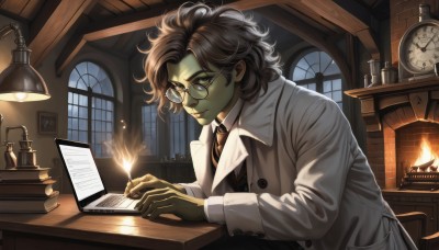 solo,short hair,brown hair,shirt,black hair,long sleeves,1boy,sitting,white shirt,upper body,male focus,necktie,glasses,collared shirt,indoors,coat,book,window,night,colored skin,fire,messy hair,black necktie,desk,paper,round eyewear,labcoat,clock,pen,lamp,candle,computer,green skin,laptop,book stack,flame,looking at viewer,gloves,black gloves,table,watch,white coat,grey skin