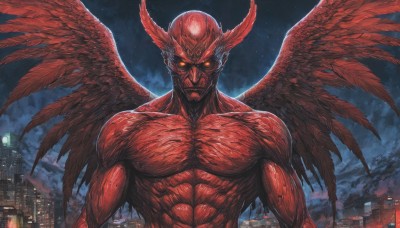 solo,looking at viewer,1boy,closed mouth,yellow eyes,upper body,male focus,outdoors,wings,horns,sky,cloud,muscular,night,glowing,colored skin,abs,muscular male,building,night sky,glowing eyes,feathered wings,veins,city,red skin,red wings,demon,multiple wings,nude,moon,feathers,head wings,cityscape