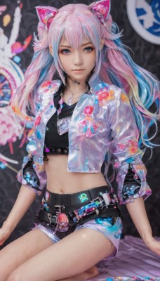 1girl,solo,long hair,breasts,looking at viewer,bangs,blue eyes,shirt,hair ornament,navel,animal ears,twintails,jewelry,sitting,closed mouth,blue hair,jacket,pink hair,multicolored hair,open clothes,shorts,barefoot,choker,midriff,belt,cat ears,necklace,stomach,blurry,two-tone hair,open jacket,lips,crop top,black shirt,short shorts,kneeling,gradient hair,fake animal ears,floral print,white jacket,seiza,cropped jacket,white shorts,realistic,nose,see-through,watermark,web address