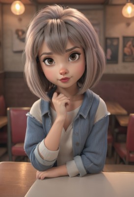 1girl,solo,looking at viewer,smile,short hair,bangs,brown hair,shirt,long sleeves,brown eyes,sitting,closed mouth,jacket,white shirt,upper body,grey hair,open clothes,artist name,indoors,hand up,signature,medium hair,blurry,open jacket,lips,makeup,buttons,depth of field,blurry background,chair,table,thick eyebrows,denim,blue jacket,freckles,realistic,nose,restaurant,cafe,denim jacket,pov across table,blush,collarbone,nail polish,vest,eyelashes,watermark,clenched hand,web address