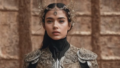 1girl,solo,long hair,looking at viewer,brown hair,black hair,hair ornament,upper body,parted lips,armor,blurry,black eyes,lips,grey eyes,blurry background,shoulder armor,gem,portrait,pauldrons,breastplate,realistic,chainmail,jewelry,closed mouth,expressionless,crown