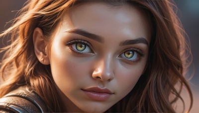 1girl,solo,long hair,looking at viewer,brown hair,closed mouth,green eyes,yellow eyes,armor,blurry,lips,eyelashes,thick eyebrows,portrait,close-up,forehead,freckles,realistic,nose,eye focus,shiny,artist name,watermark,wavy hair,web address,backlighting,light