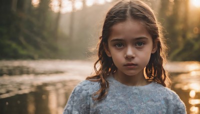 1girl,solo,long hair,looking at viewer,brown hair,shirt,upper body,outdoors,parted lips,blurry,lips,depth of field,blurry background,wavy hair,sunlight,blue shirt,forehead,realistic,nose,bokeh,green eyes,day,eyelashes,expressionless,portrait,wide-eyed