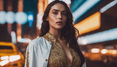 1girl,solo,long hair,breasts,looking at viewer,brown hair,black hair,cleavage,brown eyes,medium breasts,jacket,upper body,open clothes,dark skin,blurry,dark-skinned female,lips,no bra,depth of field,blurry background,white jacket,ground vehicle,motor vehicle,realistic,nose,car,large breasts