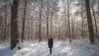 1girl, solo, long hair, blonde hair, brown hair, standing, boots, outdoors, tree, coat, nature, scenery, snow, forest, winter, bare tree, footprints