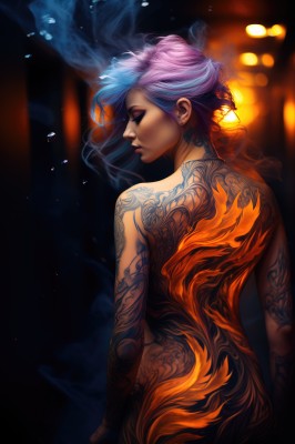 1girl,solo,jewelry,blue hair,closed eyes,upper body,pink hair,purple hair,nude,multicolored hair,earrings,looking back,from behind,blurry,two-tone hair,lips,tattoo,makeup,back,eyeshadow,bubble,realistic,nose,arm tattoo,back tattoo,short hair,ass,watermark,piercing,web address,smoke,full-body tattoo