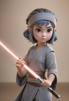 1girl,solo,looking at viewer,short hair,blue eyes,holding,jewelry,closed mouth,blue hair,standing,weapon,cowboy shot,japanese clothes,sword,holding weapon,black eyes,lips,grey eyes,sash,headband,holding sword,child,freckles,brown background,robe,energy sword,lightsaber,blush,science fiction,realistic,animification