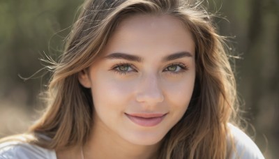 1girl,solo,long hair,looking at viewer,smile,brown hair,shirt,brown eyes,closed mouth,green eyes,white shirt,tongue,tongue out,necklace,blurry,lips,eyelashes,depth of field,blurry background,messy hair,portrait,close-up,forehead,freckles,realistic,nose,blonde hair,sunlight