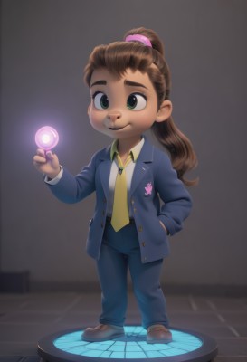 1girl,solo,long hair,smile,brown hair,shirt,green eyes,jacket,full body,ponytail,necktie,shoes,pants,artist name,dark-skinned female,formal,thick eyebrows,suit,blue jacket,hand in pocket,blue pants,yellow necktie,hair ornament,long sleeves,standing,white shirt,collared shirt,lips,glowing,brown footwear,scrunchie,blazer,hair scrunchie,freckles,yellow shirt,badge,faux figurine