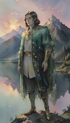 solo,long hair,smile,black hair,long sleeves,1boy,jewelry,closed mouth,standing,full body,flower,male focus,boots,outdoors,sky,pointy ears,pants,necklace,cape,tree,elf,robe,circlet,mountain,sun,mountainous horizon,lake,looking at viewer,yellow eyes,belt,artist name,cloud,medium hair,black footwear,armor,coat,black pants,nature,reflection,sunset,vambraces,bracer,twilight,green cape