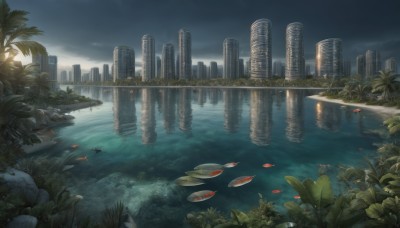 outdoors,sky,cloud,water,tree,no humans,night,ocean,cloudy sky,plant,building,scenery,reflection,fish,city,palm tree,cityscape,watercraft,ruins,skyscraper,boat,lily pad,island,day,river,skyline