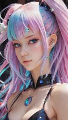 1girl,solo,long hair,breasts,looking at viewer,bangs,blue eyes,hair ornament,cleavage,bare shoulders,twintails,jewelry,medium breasts,closed mouth,underwear,blue hair,collarbone,upper body,pink hair,multicolored hair,earrings,blunt bangs,necklace,bra,two-tone hair,aqua eyes,two side up,lips,streaked hair,eyelashes,aqua hair,makeup,detached collar,piercing,gem,ear piercing,portrait,eyeshadow,freckles,realistic,nose,mascara,swimsuit,bikini,choker,artist name,collar,gradient hair,pendant,pink lips,blue gemstone