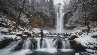 solo, 1boy, standing, male focus, outdoors, water, tree, nature, scenery, snow, forest, rock, winter, waterfall