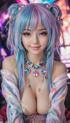 1girl,solo,long hair,breasts,looking at viewer,smile,bangs,large breasts,hair ornament,cleavage,bare shoulders,twintails,jewelry,closed mouth,underwear,blue hair,upper body,pink hair,multicolored hair,japanese clothes,kimono,necklace,off shoulder,hair bun,bra,blurry,black eyes,two-tone hair,lips,grey eyes,double bun,blurry background,floral print,realistic,nose,medium breasts,purple hair,artist name,makeup,gem,pink lips