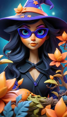 1girl,solo,long hair,breasts,looking at viewer,smile,blue eyes,black hair,hat,cleavage,medium breasts,upper body,flower,glasses,lips,eyelashes,makeup,witch hat,lipstick,eyeshadow,halloween,nose,witch,eyeliner,mushroom,tinted eyewear,orange flower,mascara,star (symbol),watermark,sunglasses,web address