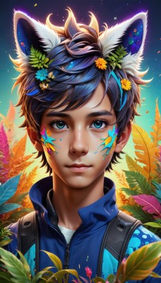 solo,looking at viewer,smile,short hair,bangs,blue eyes,shirt,black hair,hair ornament,1boy,animal ears,closed mouth,green eyes,blue hair,jacket,upper body,flower,male focus,multicolored hair,outdoors,sky,artist name,cat ears,hair flower,lips,eyelashes,leaf,facial mark,plant,portrait,zipper,yellow flower,nose,facepaint,brown hair,watermark,bug,messy hair,star (sky),web address,extra ears,backlighting,paint splatter