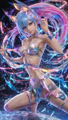 1girl,solo,long hair,breasts,looking at viewer,short hair,blue eyes,navel,animal ears,cleavage,bare shoulders,jewelry,medium breasts,blue hair,swimsuit,ponytail,bikini,multicolored hair,parted lips,barefoot,water,nail polish,bracelet,lips,revealing clothes,dancer,hair between eyes,pink hair,choker,armor,two-tone hair,gradient hair,headgear,ring,realistic,thighlet,bikini armor