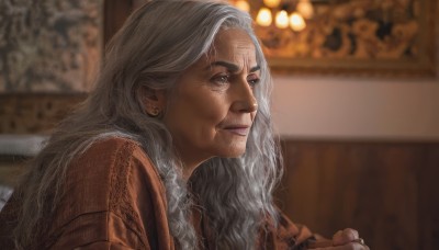 1girl,solo,long hair,1boy,jewelry,closed mouth,upper body,white hair,grey hair,male focus,earrings,indoors,armor,blurry,from side,lips,blurry background,facial hair,wavy hair,ring,realistic,nose,stud earrings,old,old woman,holding,brown eyes,depth of field,scar,thick eyebrows,portrait,old man,wrinkled skin