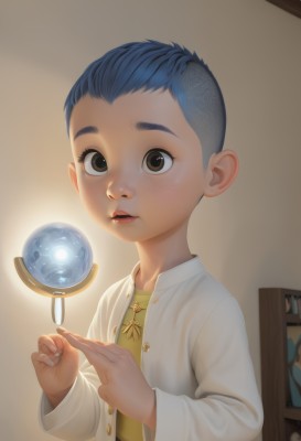 solo,looking at viewer,short hair,shirt,long sleeves,1boy,brown eyes,blue hair,upper body,male focus,parted lips,indoors,lips,child,freckles,realistic,male child,orb,open mouth,jewelry,teeth,pointy ears,necklace,fingernails,book,thick eyebrows,floating object,globe