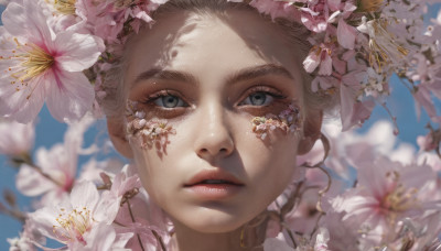 1girl, solo, looking at viewer, brown hair, flower, parted lips, sky, day, hair flower, blurry, blue sky, lips, grey eyes, eyelashes, white flower, portrait, close-up, freckles, realistic, nose