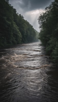 outdoors,sky,day,cloud,water,tree,no humans,sunlight,cloudy sky,nature,scenery,forest,rock,mountain,river,landscape,light rays,sunbeam,overcast