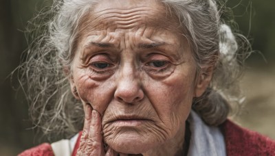 1girl,solo,looking at viewer,1boy,closed mouth,white hair,grey hair,blurry,black eyes,blurry background,messy hair,portrait,realistic,old,old man,old woman,wrinkled skin,male focus,hand up,hair bun,grey eyes,facial hair,frown,hand on own face