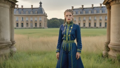 1girl,solo,long hair,looking at viewer,blonde hair,brown hair,long sleeves,jewelry,standing,braid,earrings,outdoors,sky,day,pants,lips,grass,building,scenery,blue eyes,closed mouth,hairband,makeup,lipstick,realistic,blue pants