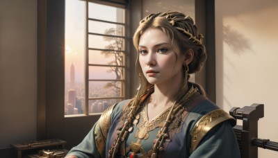 1girl,solo,long hair,looking at viewer,blue eyes,blonde hair,brown hair,hair ornament,dress,jewelry,sitting,upper body,braid,earrings,parted lips,indoors,necklace,tree,lips,grey eyes,window,chair,table,sunlight,gold trim,realistic,nose,collarbone,day,robe