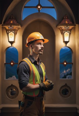 solo,shirt,black hair,gloves,1boy,hat,jewelry,standing,weapon,male focus,cowboy shot,earrings,black gloves,collared shirt,belt,pants,indoors,dark skin,vest,from side,black shirt,window,dress shirt,facial hair,watermark,dark-skinned male,suspenders,helmet,own hands together,black vest,realistic,nose,lamp,holster,brown pants,yellow headwear,hardhat,brown hair,brown eyes,looking up,beard,brown gloves,sleeves rolled up,lantern,clock