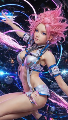 1girl,solo,long hair,breasts,looking at viewer,short hair,blue eyes,navel,cleavage,bare shoulders,jewelry,medium breasts,pink hair,thighs,earrings,shorts,midriff,high heels,lips,see-through,floating hair,outstretched arm,revealing clothes,skin tight,science fiction,space,parted lips,stomach,armband,realistic,nose,energy,hologram