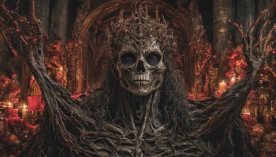 solo,looking at viewer,holding,indoors,necklace,no humans,mask,cross,crown,scenery,skull,monster,candle,skeleton,bone,statue,silk,spider web,horror (theme),chandelier,1boy,teeth,hood,tree,fire,hood up,branch,flame,throne,candlestand,candlelight