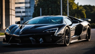 outdoors,blurry,tree,no humans,blurry background,ground vehicle,building,motor vehicle,car,road,vehicle focus,lamppost,street,wheel,sports car,solo,photo background