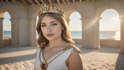 1girl,solo,long hair,breasts,looking at viewer,smile,brown hair,dress,brown eyes,jewelry,closed mouth,collarbone,upper body,earrings,outdoors,sky,sleeveless,day,medium hair,water,necklace,white dress,blurry,lips,blurry background,ocean,beach,sunlight,tiara,crown,gem,realistic,nose,sun,pillar,column,parted lips,teeth,parted bangs,red gemstone,arch