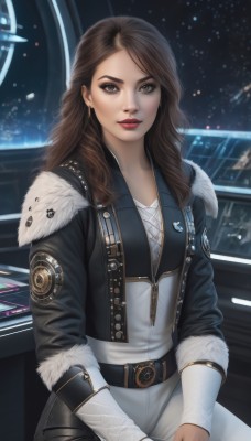 1girl,solo,long hair,breasts,looking at viewer,brown hair,long sleeves,brown eyes,jewelry,sitting,jacket,earrings,open clothes,belt,pants,open jacket,lips,black jacket,fur trim,makeup,wavy hair,lipstick,buckle,eyeshadow,zipper,cropped jacket,science fiction,belt buckle,realistic,nose,red lips,fur-trimmed jacket,space,leather,leather jacket,bangs,shirt,artist name,emblem