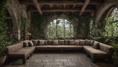 day,indoors,tree,dutch angle,no humans,window,chair,table,sunlight,plant,nature,scenery,couch,stairs,fantasy,potted plant,ruins,vines,pillar,arch,moss,overgrown,flower,door