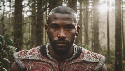 solo,looking at viewer,short hair,black hair,1boy,brown eyes,jewelry,closed mouth,upper body,grey hair,male focus,earrings,outdoors,dark skin,blurry,black eyes,tree,blurry background,facial hair,dark-skinned male,portrait,nature,beard,forest,mature male,realistic,mustache,very short hair,photo background,buzz cut,sunlight,manly