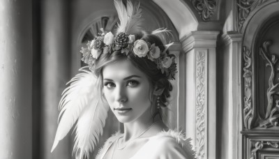 1girl,solo,looking at viewer,smile,hair ornament,jewelry,closed mouth,monochrome,upper body,flower,greyscale,earrings,hair flower,necklace,lips,eyelashes,sunlight,feathers,portrait,light rays,realistic,nose,headdress,feather hair ornament,head wreath,pillar,arch,column,rose