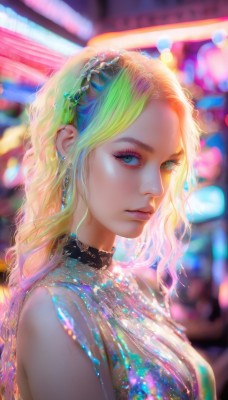 1girl,solo,long hair,looking at viewer,blue eyes,blonde hair,dress,bare shoulders,jewelry,closed mouth,green eyes,upper body,multicolored hair,hairband,earrings,sleeveless,blurry,from side,lips,eyelashes,makeup,blurry background,eyeshadow,realistic,nose,rainbow gradient,rainbow hair,breasts,hair ornament,braid,green hair,artist name,two-tone hair,see-through,depth of field,wavy hair,forehead,bokeh,colorful,mascara